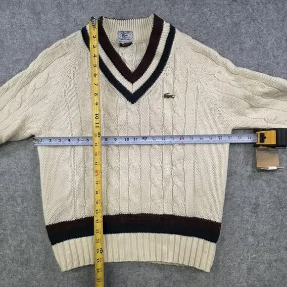 VTG IZOD Lacoste Sweater Mens Large White Cable Knit V Neck Tennis Pullover 80s